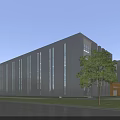 Modern Industrial Factory Building With Large Glass Windows Gray Exterior And Front Entrance Porch
