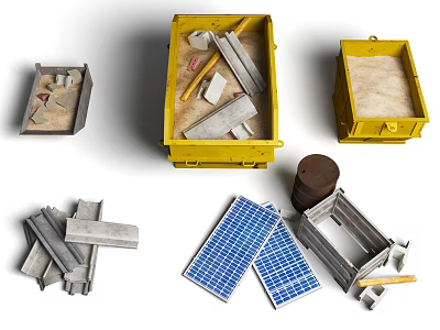 Assorted Industrial Items Including Yellow Crates Metal Bars Tools Solar Panels And Oil Drum 3d model