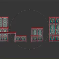 Traditional Furniture Set with Red Frames Blue Surfaces and Decorative Patterns Including Cabinets Tables Stools