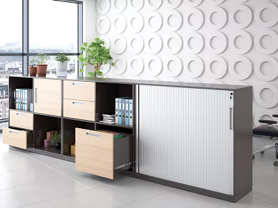 Modern Bookcase Storage Unit With Multiple Compartments Drawers Closed Cabinets Files And Potted Plants 3d model