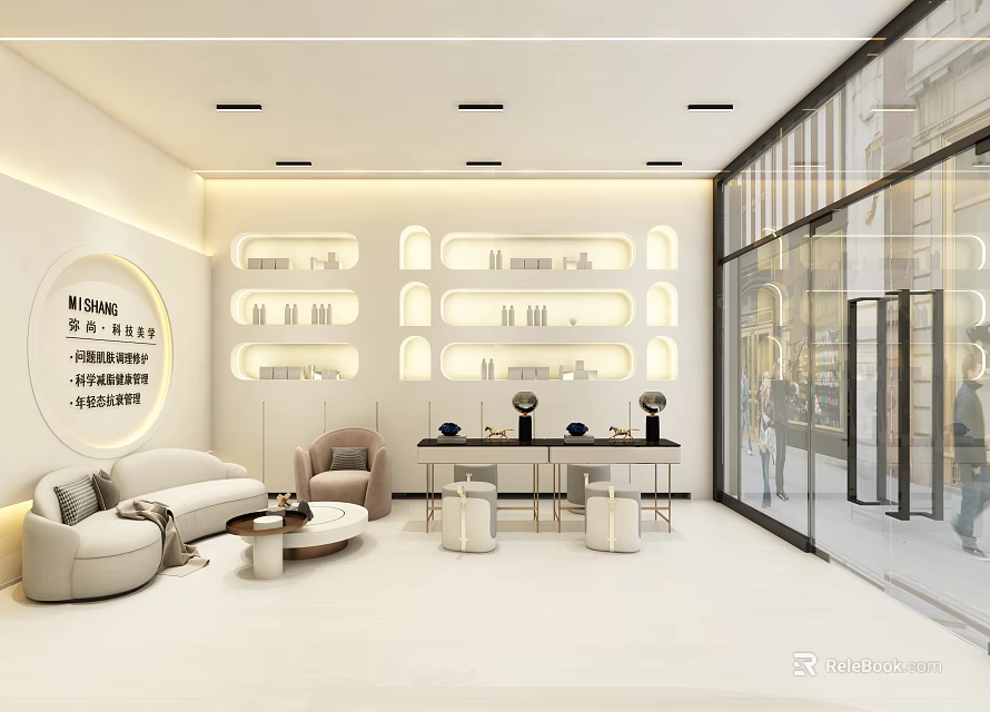 Modern Hotel Lobby Interior With White Sofa Coffee Table Display Shelves And Large Windows 3d model 