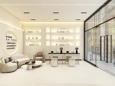 Modern Hotel Lobby Interior With White Sofa Coffee Table Display Shelves And Large Windows 3d model