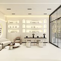 Modern Hotel Lobby Interior With White Sofa Coffee Table Display Shelves And Large Windows 3d model