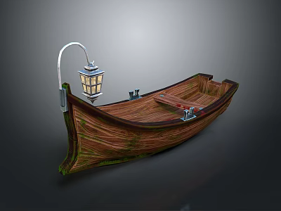 Vintage Wooden Boat With Hanging Lantern And Wooden Seats For Water Travel 3d model