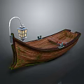 Vintage Wooden Boat With Hanging Lantern And Wooden Seats For Water Travel