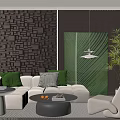 Modern Sofa Backdrop Wall With Dark Textured Panels White Couch Green Cushions And Leaf Art