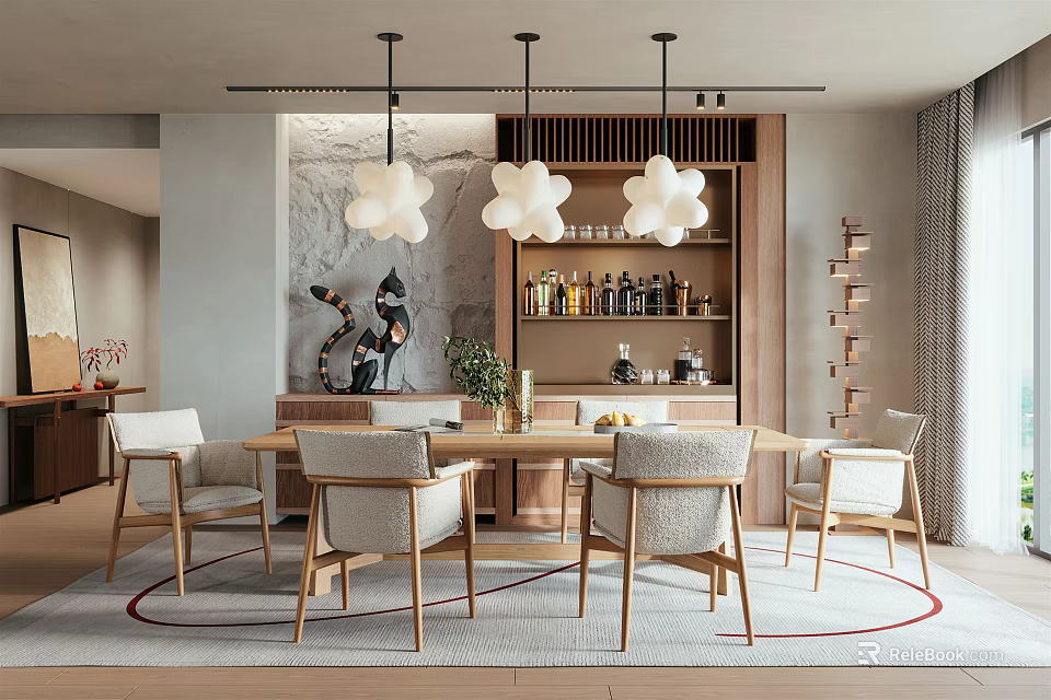 Modern Restaurant Interior With Wooden Dining Table Comfortable Chairs And Flower Shaped Pendant Lights 3d model 