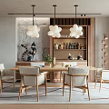 Modern Restaurant Interior With Wooden Dining Table Comfortable Chairs And Flower Shaped Pendant Lights