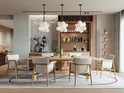 Modern Restaurant Interior With Wooden Dining Table Comfortable Chairs And Flower Shaped Pendant Lights 3d model