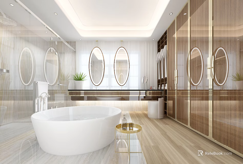 Modern Bathroom Interior With White Bathtub Round Mirrors And Wooden Cabinets 3d model 
