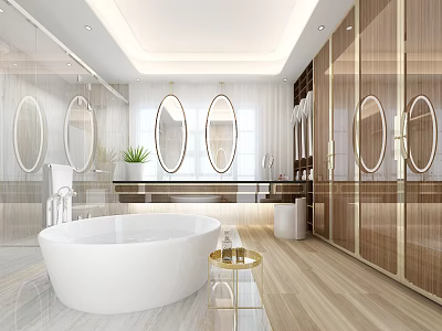 Modern Bathroom Interior With White Bathtub Round Mirrors And Wooden Cabinets 3d model