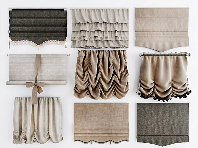 Various Curtain Styles Including Pleated Designs Ruffled Edges and Neutral Textured Fabrics 3d model