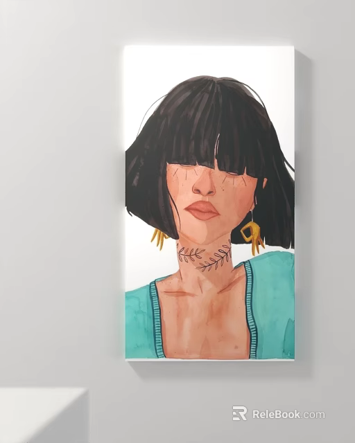 Woman Portrait Painting With Short Black Hair Yellow Earrings Neck Tattoo and Teal Top 3d model 