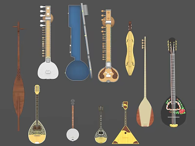 Various String Musical Instruments Collection Arranged on Gray Background 3d model