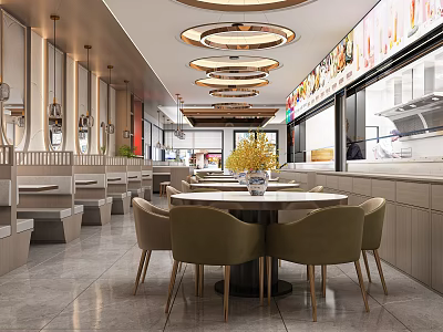 Modern Restaurant Interior With Round Pendant Lights Open Kitchen Dining Table And Green Chairs 3d model