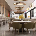 Modern Restaurant Interior With Round Pendant Lights Open Kitchen Dining Table And Green Chairs