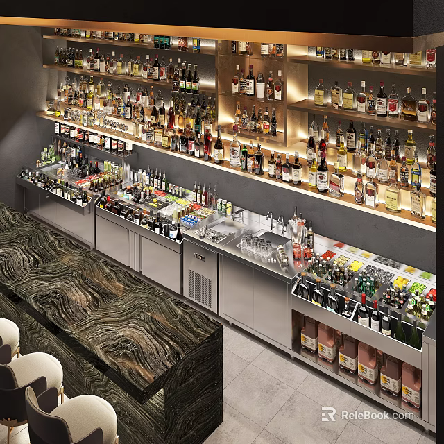 Elegant Restaurant Bar Counter With Various Wines Marble Top Wine Racks And Bar Stools 3d model 