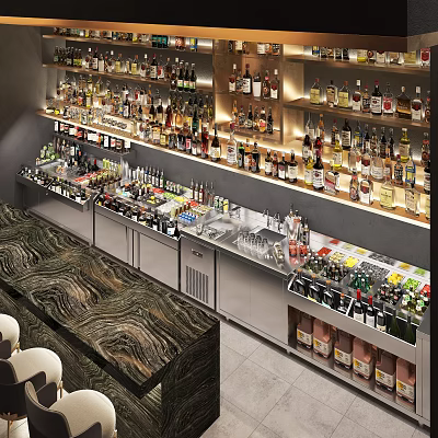 Elegant Restaurant Bar Counter With Various Wines Marble Top Wine Racks And Bar Stools 3d model