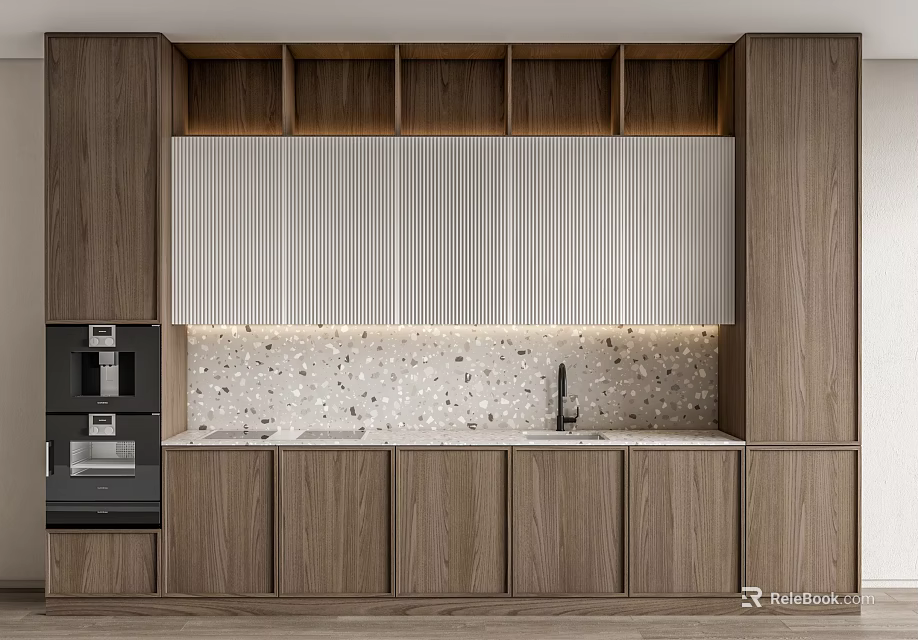 Modern Wooden Kitchen Interior With Pleated Panel Backsplash And Built In Appliances 3d model 