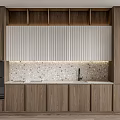 Modern Wooden Kitchen Interior With Pleated Panel Backsplash And Built In Appliances