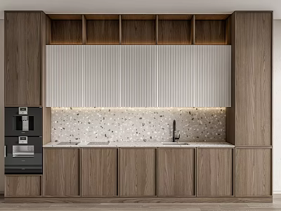 Modern Wooden Kitchen Interior With Pleated Panel Backsplash And Built In Appliances 3d model