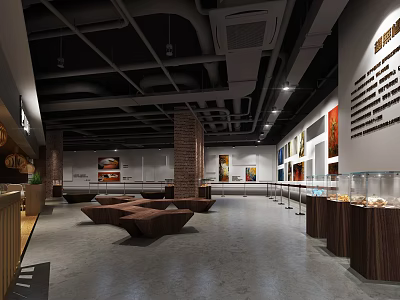 Contemporary Exhibition Hall Interior Featuring Display Cases Artworks Brick Walls And Seating 3d model