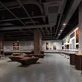 Contemporary Exhibition Hall Interior Featuring Display Cases Artworks Brick Walls And Seating