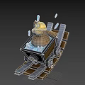 Cute Cartoon Bear Riding In Wooden Mine Cart With Hard Hat And Ice Cubes