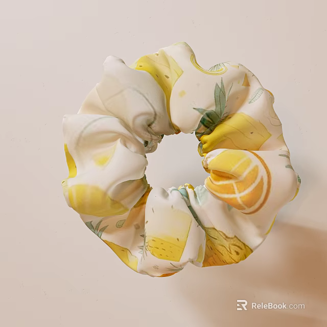 Fashionable Hair Jewelry Scrunchie Featuring Lemon Pineapple Fruit Patterns in White Yellow Fabric Design 3d model 