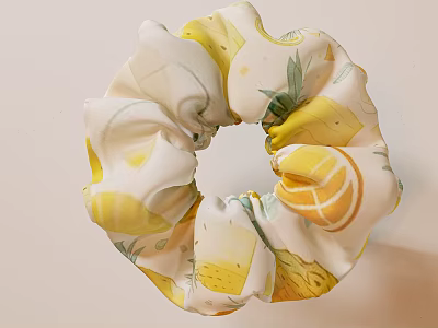 Fashionable Hair Jewelry Scrunchie Featuring Lemon Pineapple Fruit Patterns in White Yellow Fabric Design 3d model