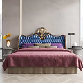 Luxurious Double Bed with Blue Tufted Headboard Gold Trim and Purple Beige Pillows