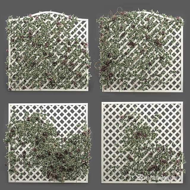 Decorative Vines Covering White Lattice Panels With Green Leaves And Berries 3d model 
