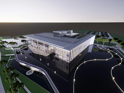 Modern Sales Office Building With Glass Curtain Walls Green Roof And Landscape Water Features Lighting 3d model