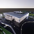 Modern Sales Office Building With Glass Curtain Walls Green Roof And Landscape Water Features Lighting