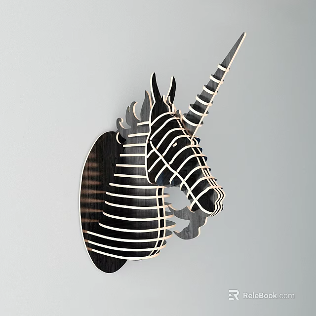 Modern Wooden Unicorn Wall Decor With Black White Stripes And Geometric Design 3d model 