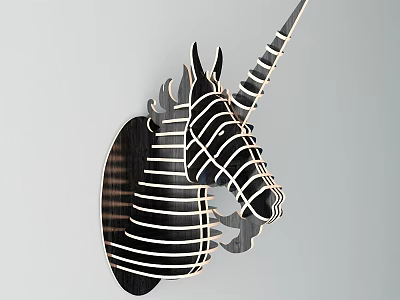 Modern Wooden Unicorn Wall Decor With Black White Stripes And Geometric Design 3d model