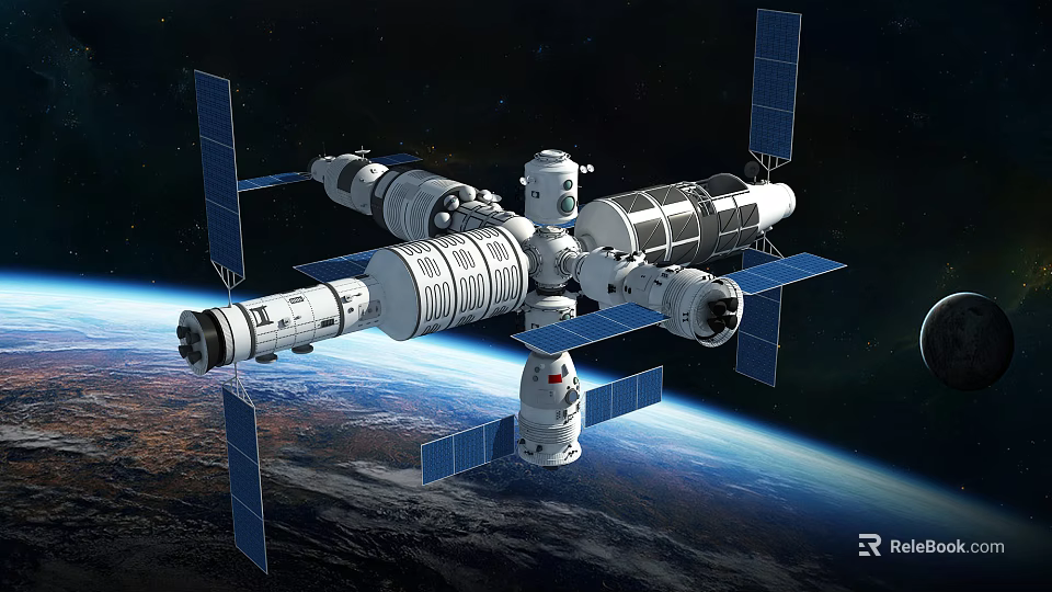 Cartoon Scenario of Space Station with Solar Panels Orbiting Earth in Outer Space 3d model 