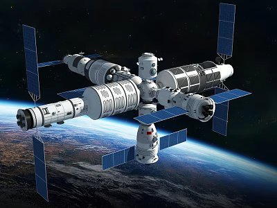 Cartoon Scenario of Space Station with Solar Panels Orbiting Earth in Outer Space 3d model