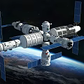 Cartoon Scenario of Space Station with Solar Panels Orbiting Earth in Outer Space