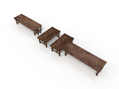 Rustic Solid Wood Benches Set Of Three With Simple Design And Natural Finish 3d model
