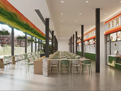 Modern Bakery Restaurant Interior With Green Orange Decor Tables Chairs And Counter 3d model