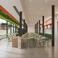 Modern Bakery Restaurant Interior With Green Orange Decor Tables Chairs And Counter