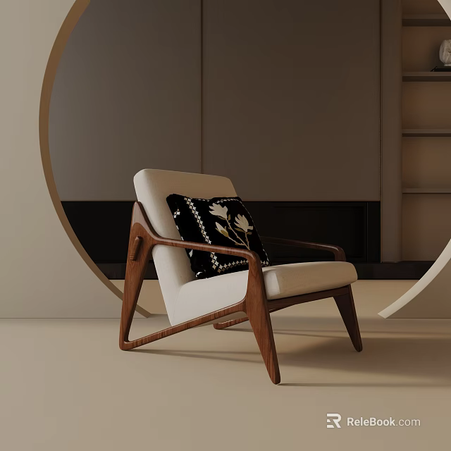 Leisure Chair with Wooden Frame White Cushion Black Pillow with White Floral in Modern Interior 3d model 