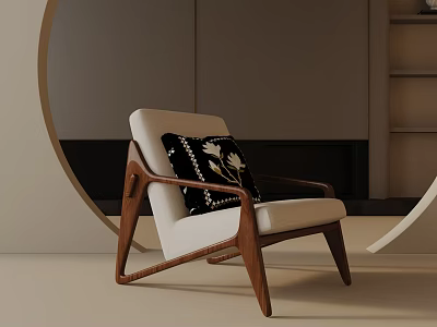 Leisure Chair with Wooden Frame White Cushion Black Pillow with White Floral in Modern Interior 3d model