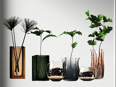 Colorful Glass Vases Holding Leafy Branches Slender Grasses And Black Pebbles 3d model