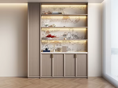 Modern Elegant Decorative Cabinet With Light Wood Finish Layered Shelves Artistic Mural And Warm Lighting 3d model