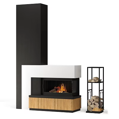 Modern Fireplace With White Mantel Black Frame And Burning Fire Near Wooden Logs Shelf 3d model