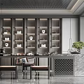 Modern Tea Room Interior With Wooden Table Chairs Tea Sets And Display Shelves