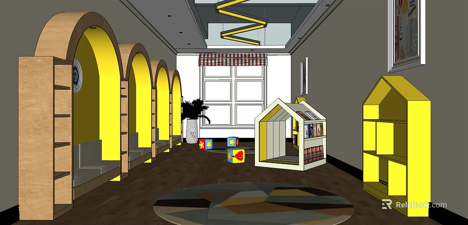 Kindergarten Interior With Arched Doorways Colorful Blocks And House Shaped Bookshelf 3d model 