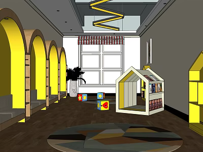 Kindergarten Interior With Arched Doorways Colorful Blocks And House Shaped Bookshelf 3d model